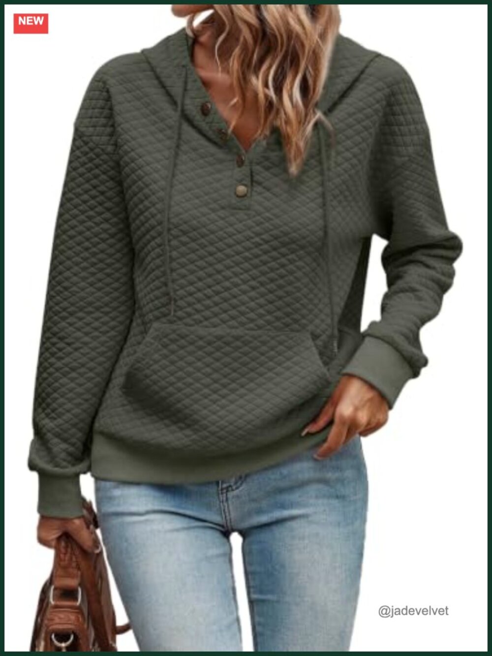 Quilted Half Button Drawstring Hoodie Long Sleeve Kangaroo Pocket
